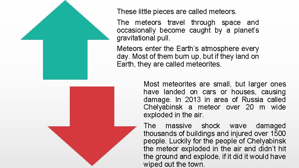 These little pieces are called meteors. The meteors travel through space and occasionally become