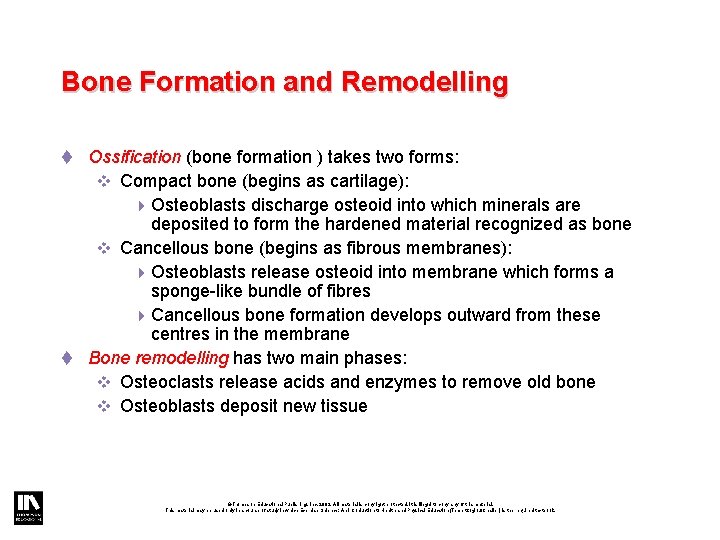 Bone Formation and Remodelling t Ossification (bone formation ) takes two forms: v Compact Bone Formation and Remodelling t Ossification (bone formation ) takes two forms: v Compact