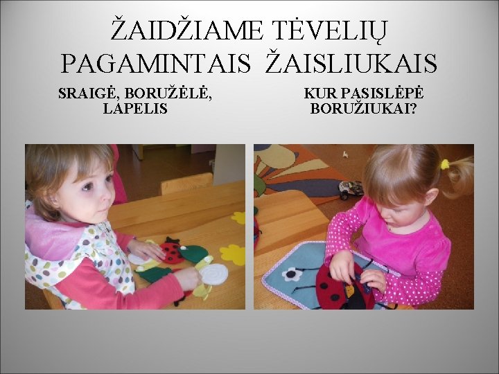 ŽAIDŽIAME TĖVELIŲ PAGAMINTAIS ŽAISLIUKAIS SRAIGĖ, BORUŽĖLĖ, LAPELIS KUR PASISLĖPĖ BORUŽIUKAI? 