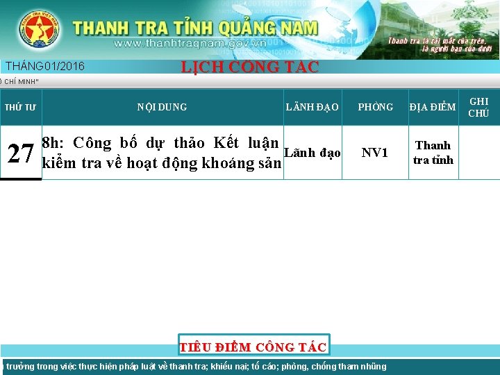 THÁNG 01/2016 LỊCH CÔNG TÁC Ồ CHÍ MINH” THỨ TƯ 27 NỘI DUNG LÃNH