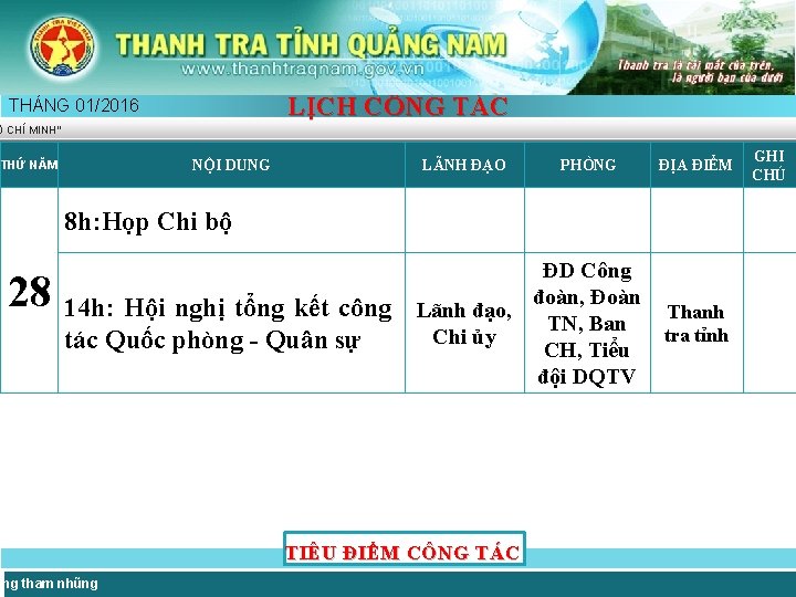 LỊCH CÔNG TÁC THÁNG 01/2016 Ồ CHÍ MINH” NỘI DUNG THỨ NĂM LÃNH ĐẠO