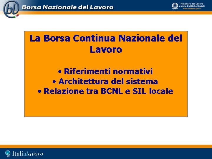 La Borsa Continua Nazionale del Lavoro • Riferimenti normativi • Architettura del sistema •
