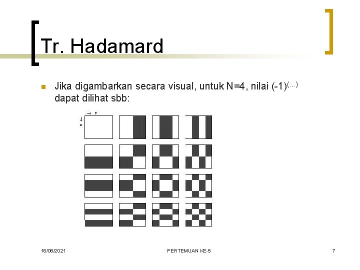 Tr. Hadamard n Jika digambarkan secara visual, untuk N=4, nilai (-1)(…) dapat dilihat sbb: