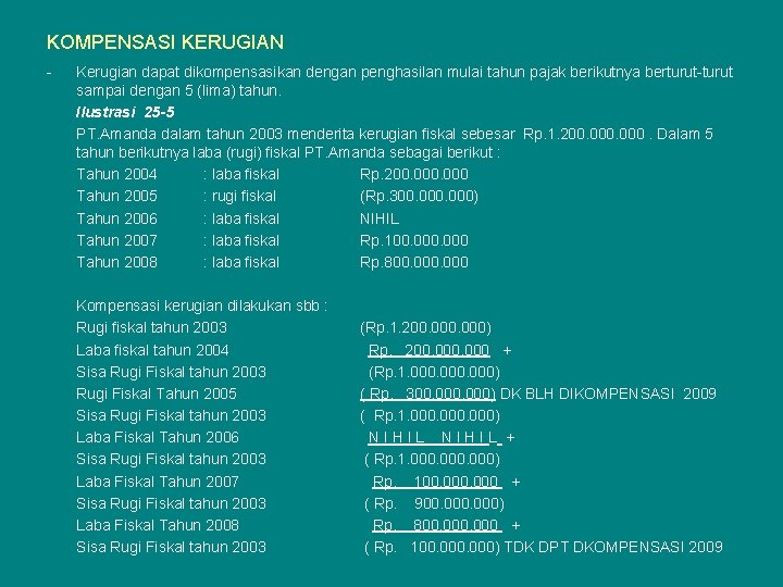 KOMPENSASI KERUGIAN - Kerugian dapat dikompensasikan dengan penghasilan mulai tahun pajak berikutnya berturut-turut sampai