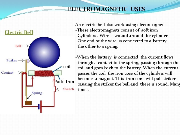 ELECTROMAGNETIC USES Electric Bell An electric bell also work using electomagnets. -These electromagnets consist