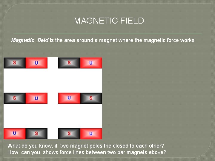 MAGNETIC FIELD Magnetic field is the area around a magnet where the magnetic force