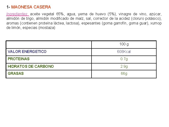 1 - MAONESA CASERA Ingredientes: aceite vegetal 65%, agua, yema de huevo (5%), vinagre