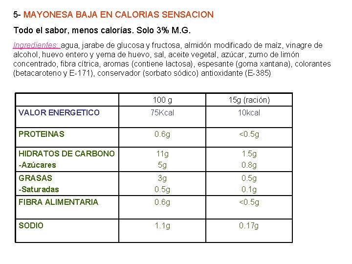 5 - MAYONESA BAJA EN CALORIAS SENSACION Todo el sabor, menos calorías. Solo 3%