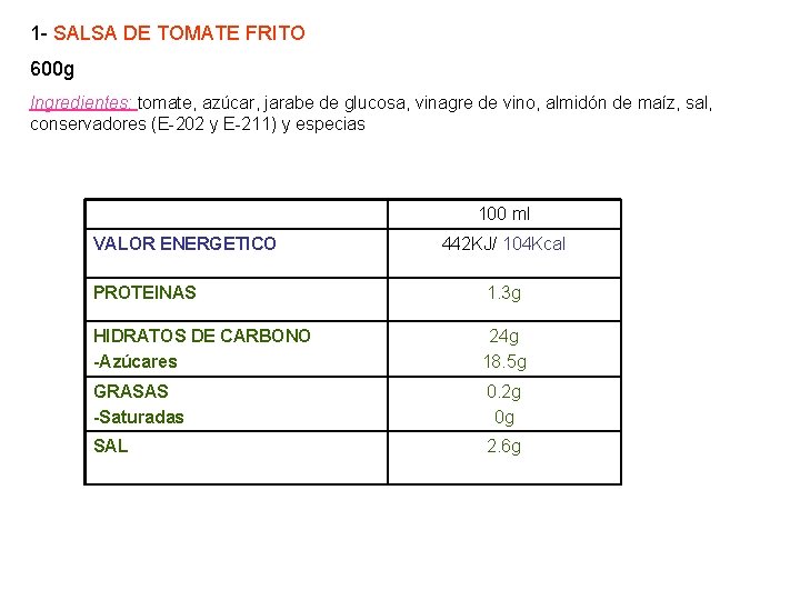 1 - SALSA DE TOMATE FRITO 600 g Ingredientes: tomate, azúcar, jarabe de glucosa,