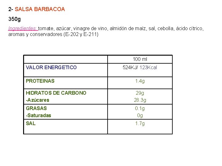 2 - SALSA BARBACOA 350 g Ingredientes: tomate, azúcar, vinagre de vino, almidón de