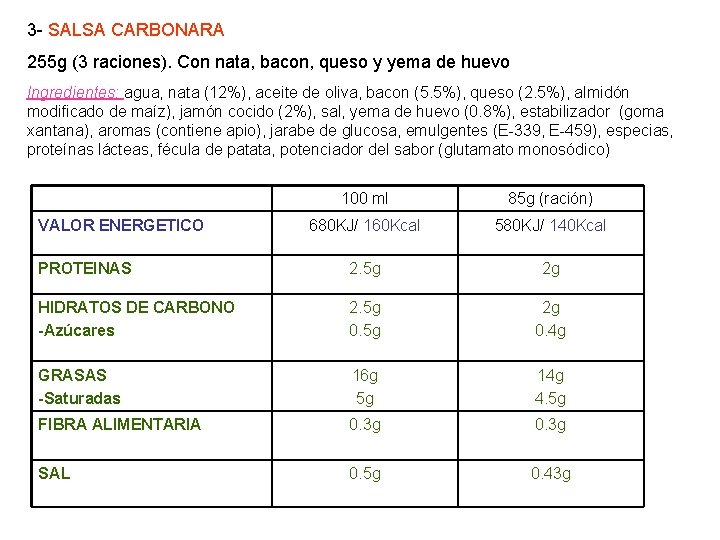 3 - SALSA CARBONARA 255 g (3 raciones). Con nata, bacon, queso y yema