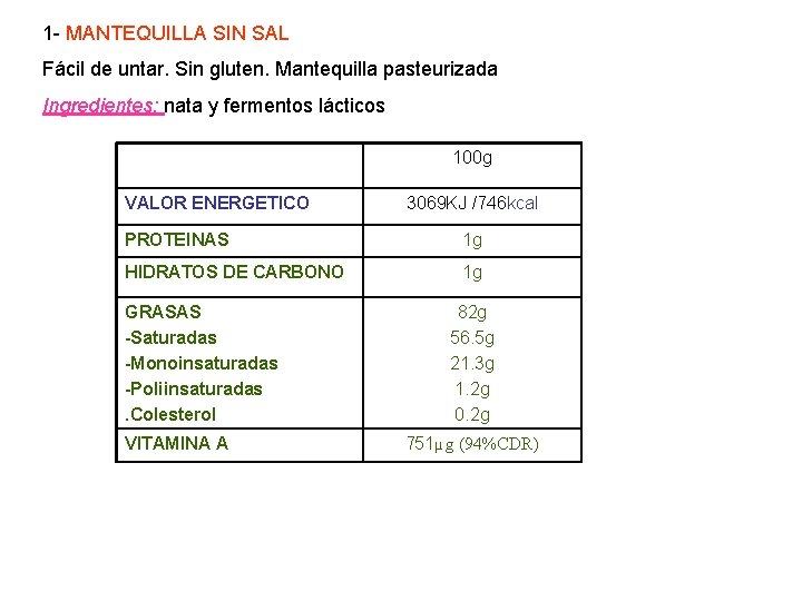 1 - MANTEQUILLA SIN SAL Fácil de untar. Sin gluten. Mantequilla pasteurizada Ingredientes: nata