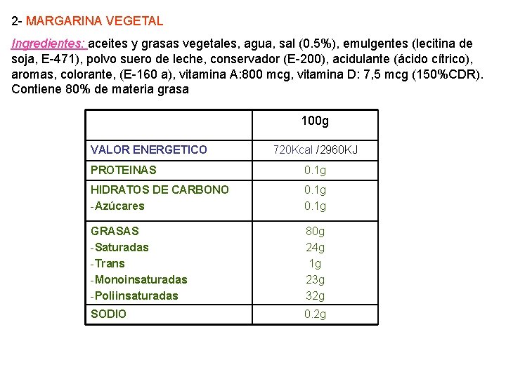 2 - MARGARINA VEGETAL Ingredientes: aceites y grasas vegetales, agua, sal (0. 5%), emulgentes