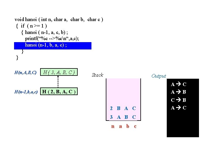 void hanoi ( int n, char a, char b, char c ) { if