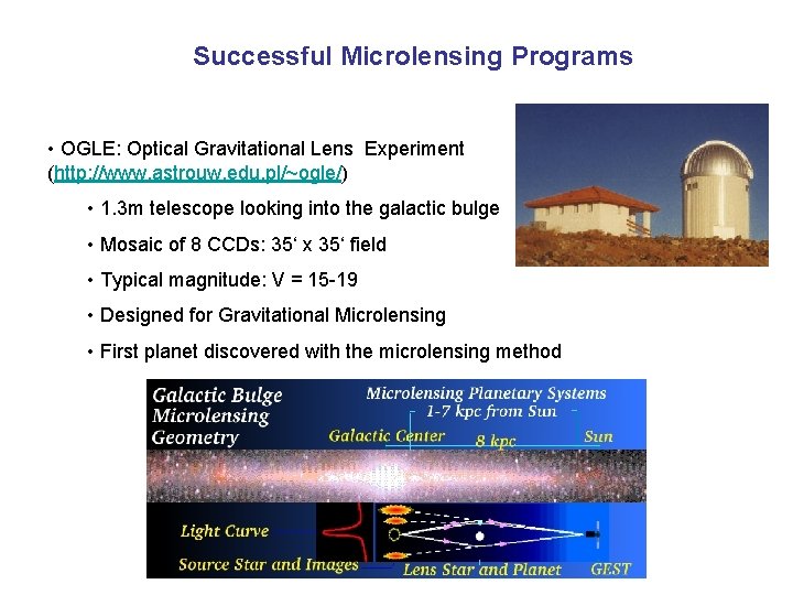 Successful Microlensing Programs • OGLE: Optical Gravitational Lens Experiment (http: //www. astrouw. edu. pl/~ogle/)