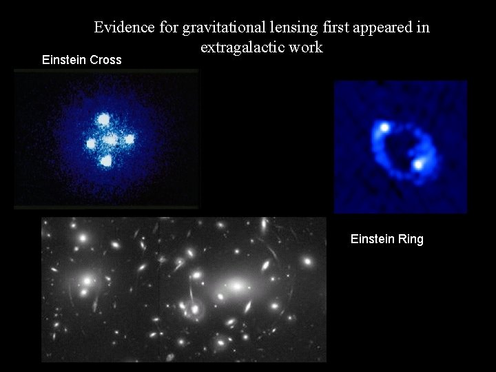 Evidence for gravitational lensing first appeared in extragalactic work Einstein Cross Einstein Ring 