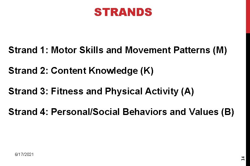 STRANDS Strand 1: Motor Skills and Movement Patterns (M) Strand 2: Content Knowledge (K)