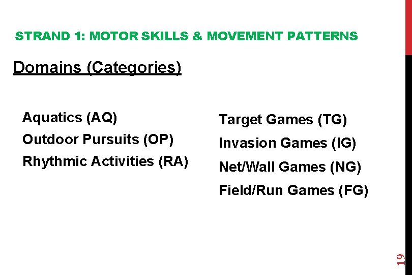 STRAND 1: MOTOR SKILLS & MOVEMENT PATTERNS Domains (Categories) Aquatics (AQ) Target Games (TG)