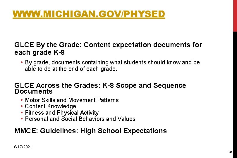 WWW. MICHIGAN. GOV/PHYSED GLCE By the Grade: Content expectation documents for each grade K-8