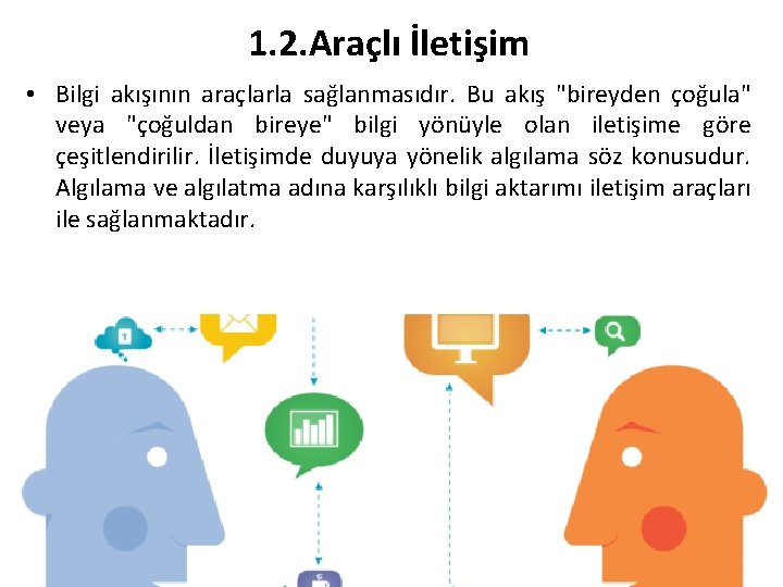 1. 2. Araçlı İletişim • Bilgi akışının araçlarla sağlanmasıdır. Bu akış "bireyden çoğula" veya