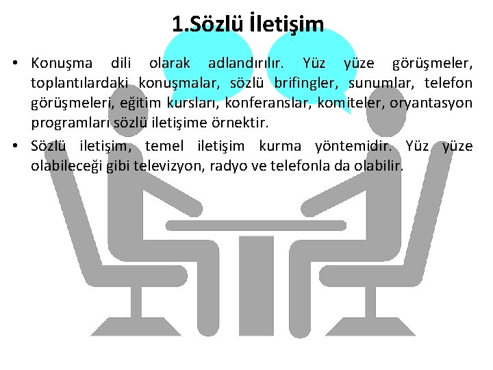 1. Sözlü İletişim • Konuşma dili olarak adlandırılır. Yüz yüze görüşmeler, toplantılardaki konuşmalar, sözlü