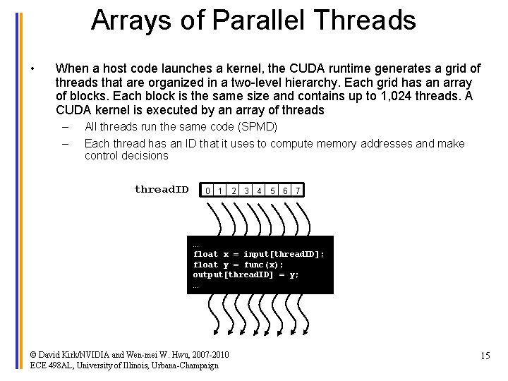 Arrays of Parallel Threads • When a host code launches a kernel, the CUDA