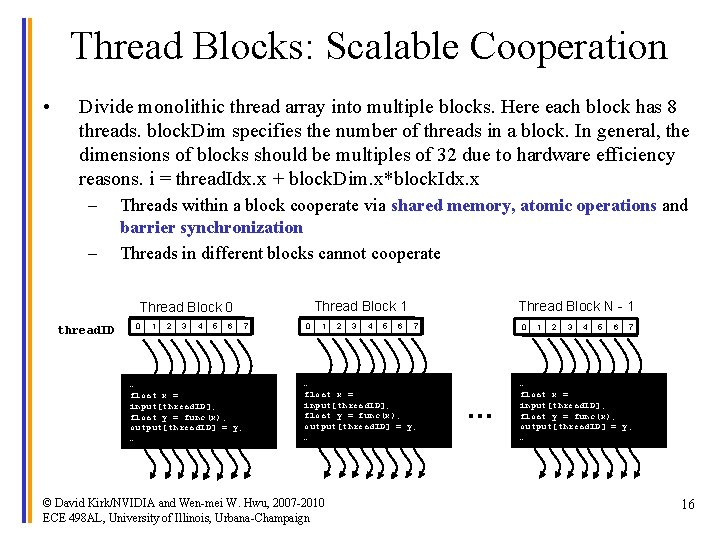 Thread Blocks: Scalable Cooperation • Divide monolithic thread array into multiple blocks. Here each