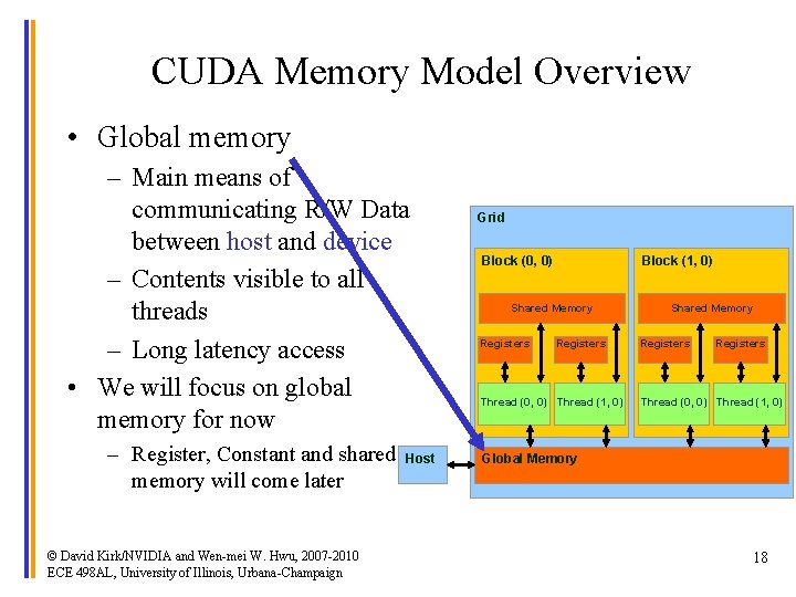 CUDA Memory Model Overview • Global memory – Main means of communicating R/W Data