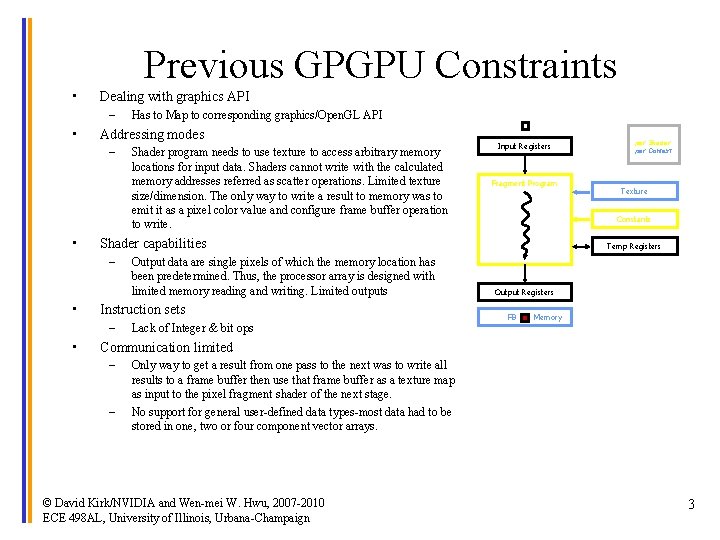 Previous GPGPU Constraints • Dealing with graphics API – • Addressing modes – •