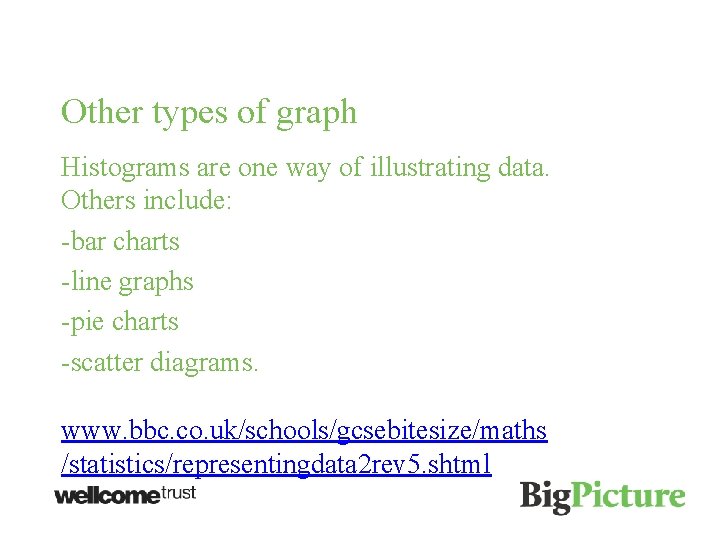 Other types of graph Histograms are one way of illustrating data. Others include: -bar
