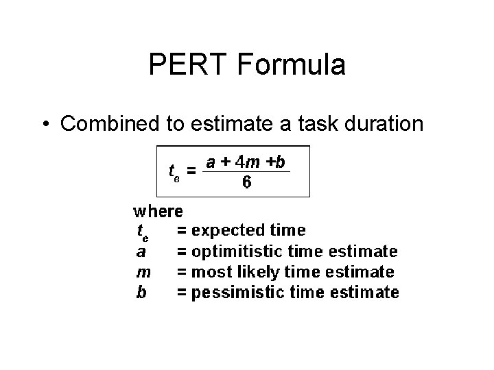 PERT Formula • Combined to estimate a task duration 