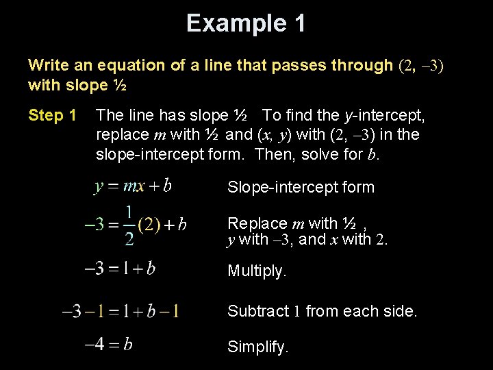 Example 1 Write an equation of a line that passes through (2, – 3)
