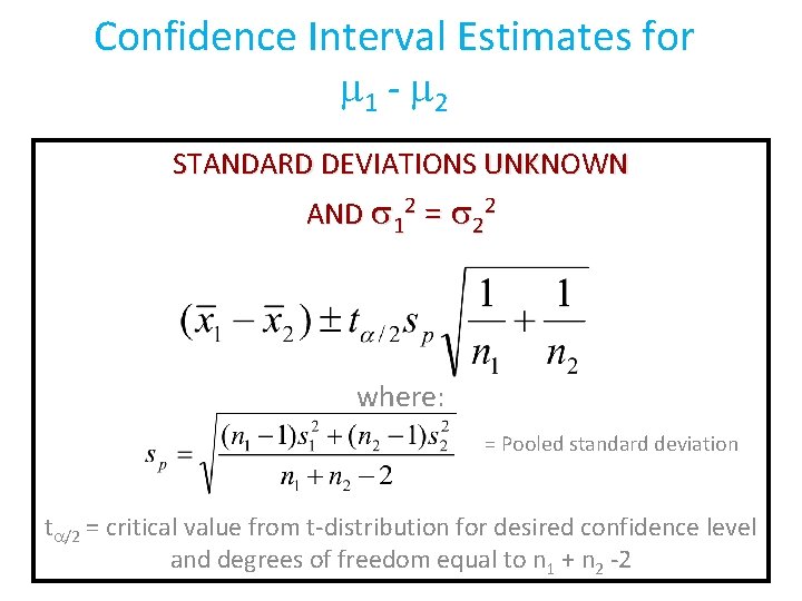 Confidence Interval Estimates for 1 - 2 STANDARD DEVIATIONS UNKNOWN AND 12 = 22