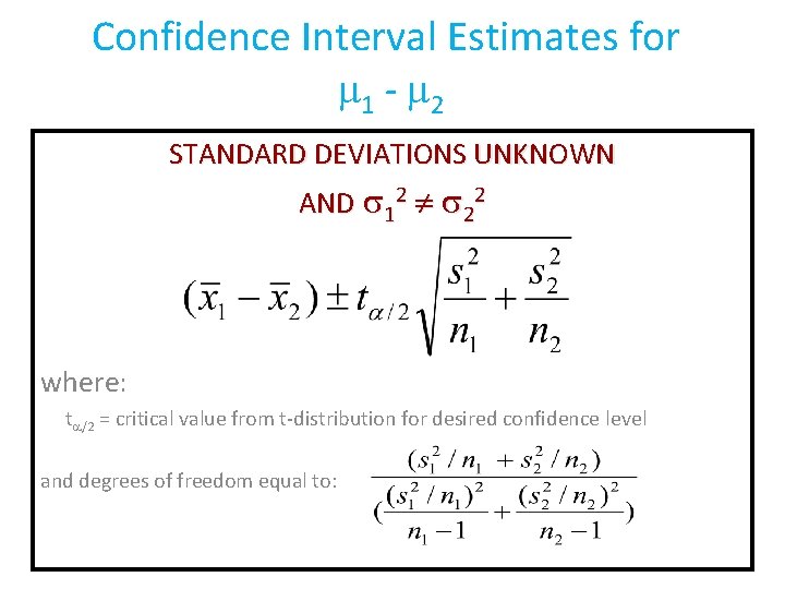 Confidence Interval Estimates for 1 - 2 STANDARD DEVIATIONS UNKNOWN AND 12 22 where: