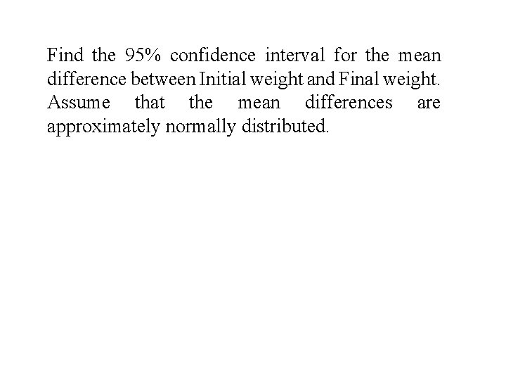 Find the 95% confidence interval for the mean difference between Initial weight and Final
