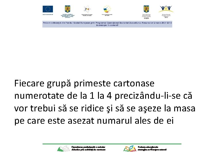 Fiecare grupă primeste cartonase numerotate de la 1 la 4 precizându-li-se că vor trebui