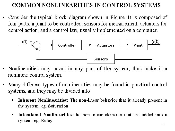 COMMON NONLINEARITIES IN CONTROL SYSTEMS • Consider the typical block diagram shown in Figure.