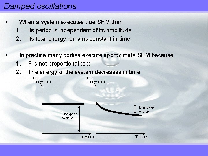 Damped oscillations • When a system executes true SHM then 1. Its period is