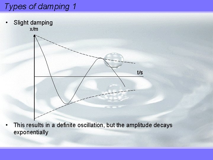 Types of damping 1 • Slight damping x/m t/s • This results in a