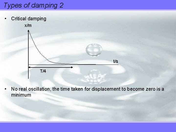 Types of damping 2 • Critical damping x/m t/s T/4 • No real oscillation,