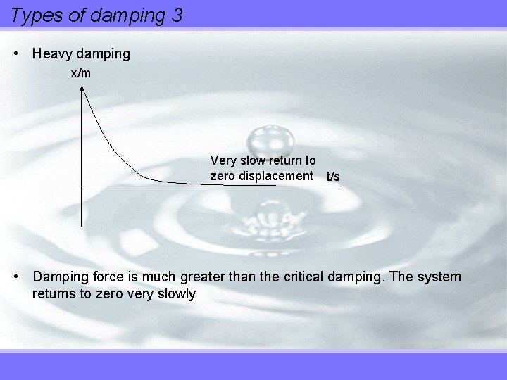 Types of damping 3 • Heavy damping x/m Very slow return to zero displacement