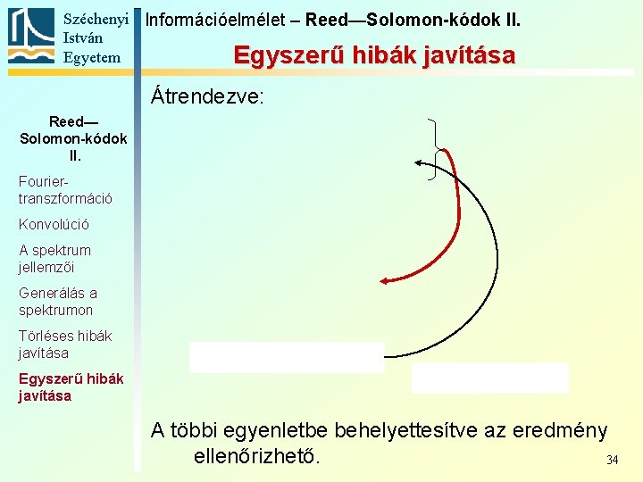 Széchenyi Információelmélet – Reed—Solomon-kódok II. István Egyetem Egyszerű hibák javítása Átrendezve: Reed— Solomon-kódok II.