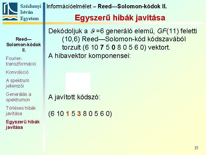 Széchenyi Információelmélet – Reed—Solomon-kódok II. István Egyetem Egyszerű hibák javítása Reed— Solomon-kódok II. Fouriertranszformáció