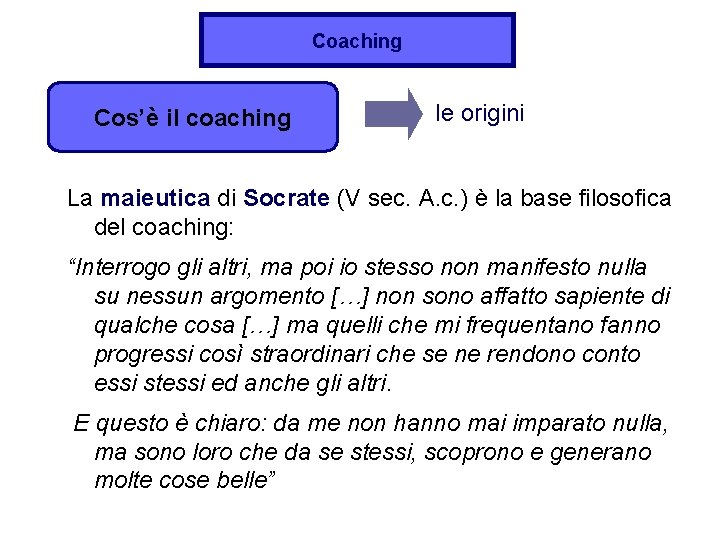 Coaching Cos’è il coaching le origini La maieutica di Socrate (V sec. A. c.