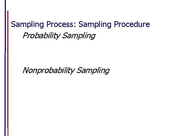 Sampling Process: Sampling Procedure Probability Sampling Nonprobability Sampling 