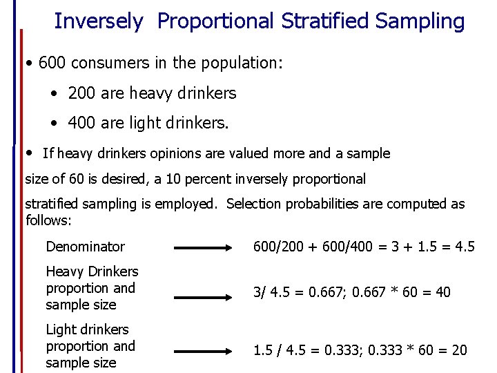 Inversely Proportional Stratified Sampling • 600 consumers in the population: • 200 are heavy