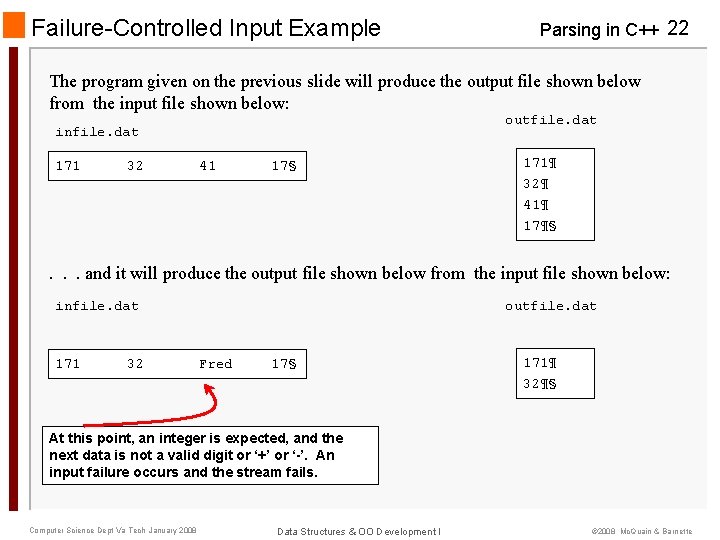 Failure-Controlled Input Example Parsing in C++ 22 The program given on the previous slide