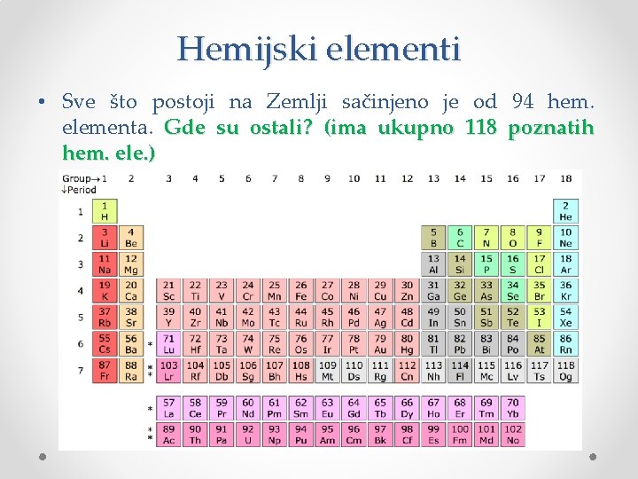 Hemijski elementi • Sve što postoji na Zemlji sačinjeno je od 94 hem. elementa.