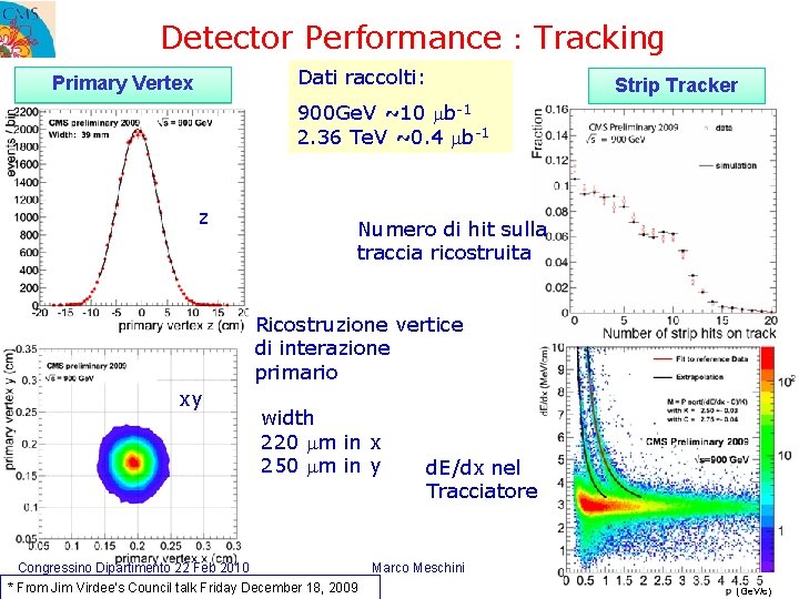 Detector Performance : Tracking Dati raccolti: Primary Vertex Strip Tracker 900 Ge. V ~10