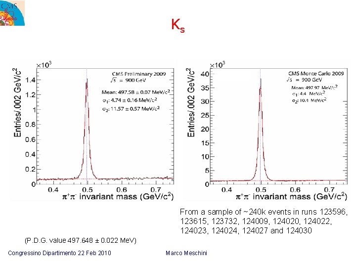 Ks From a sample of ~240 k events in runs 123596, 123615, 123732, 124009,